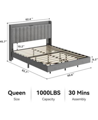 Queen Size Floating Bed Frame with LED Lights, Upholstered Platform Bed Frame with Charging Station & Storage Headboard, No Box Spring Needed