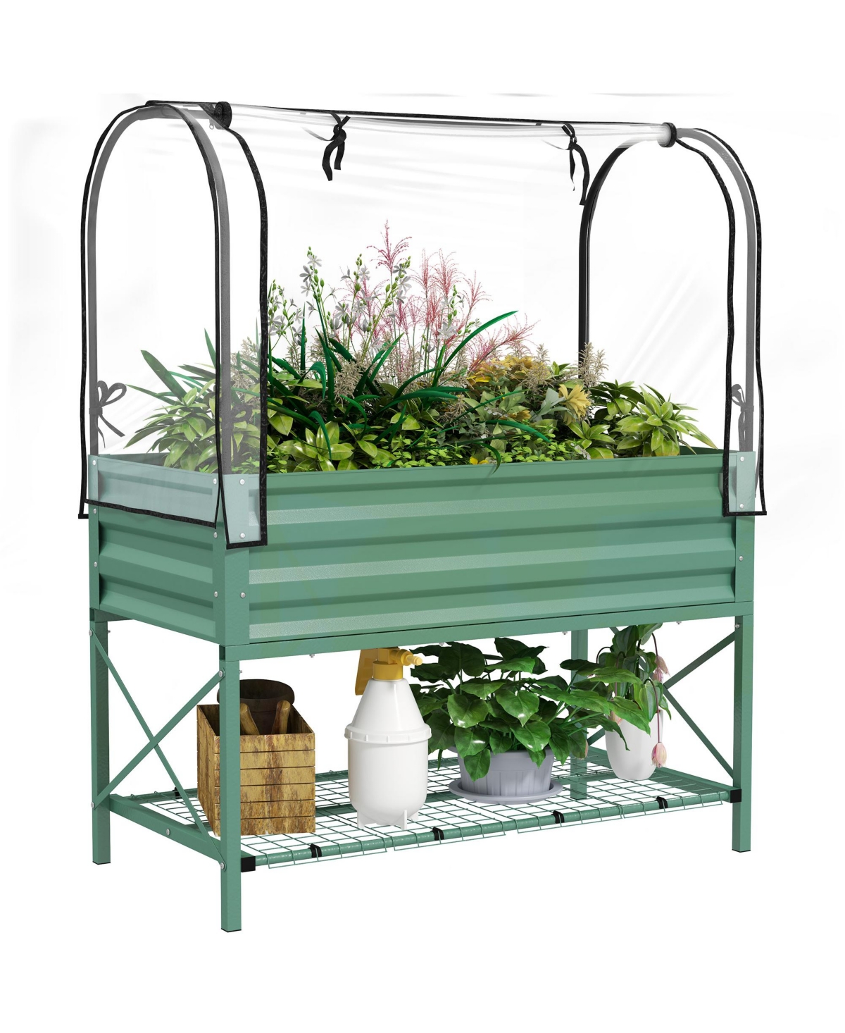 Metal Raised Garden Bed with Legs, Cover, and Storage Shelf, - Brown