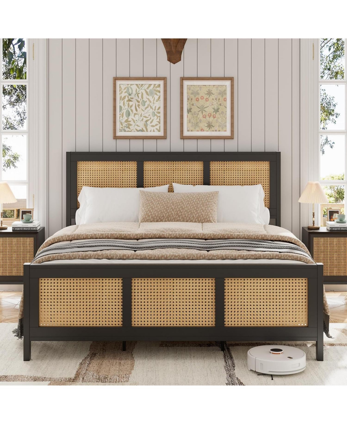 gaomon Rattan Bed Frame with Headboard, Black Boho Cane Platform Bed Frame with Strong Metal Slat, Noise Free, No Box Spring Needed