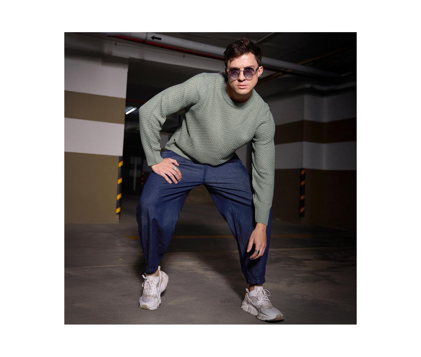 Мужской свитер Campus Sutra Sage Green Textured Knit Pullover, цвет: Шалфейный зелёный — фото 3