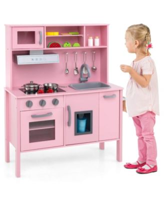 Kids Kitchen Playset Wooden Pretend Play Chef Toy with Microwave & Accessories