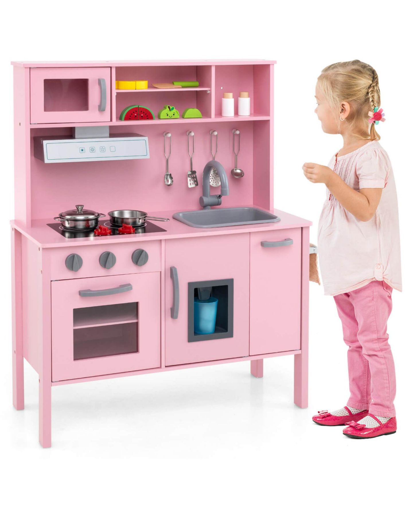 Детские игрушки Costway Chef Wooden 19-Piece Play Kitchen, Ages 3+, цвет: Розовый — фото 8