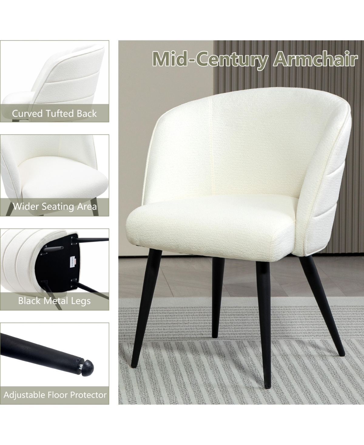 Dyhome Upholstered Fabric Dining Chairs with Black Metal Legs, Modern Curved Backrest Kitchen Chairs, Set of 6