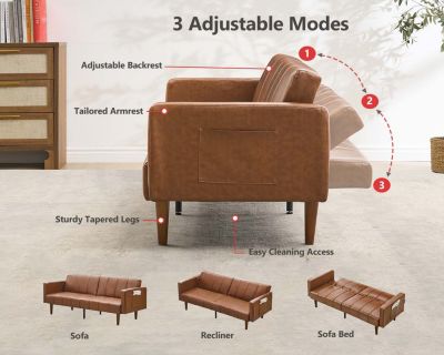 75" Futon Sofa Bed, Mid-Century Modern Futon Couch, Convertible Sleeper Sofa with Adjustable Backrest, Loveseat, Small Sofa with Side Pockets, PU Leather Sofa Couch for Living Room, Brown