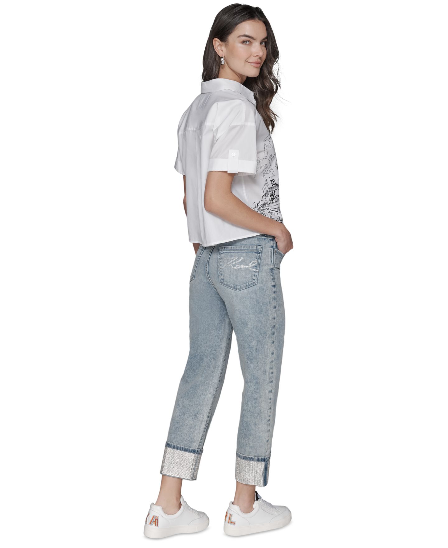 Женские джинсы KARL LAGERFELD PARIS Petite Crystal-Cuff Cropped Jeans, цвет: Ледяной синий — фото 4