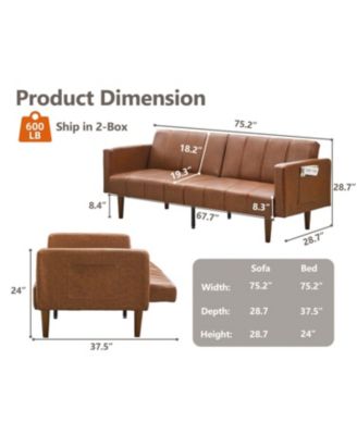 75" Futon Sofa Bed, Mid-Century Modern Futon Couch, Convertible Sleeper Sofa with Adjustable Backrest, Loveseat, Small Sofa with Side Pockets, PU Leather Sofa Couch for Living Room, Brown