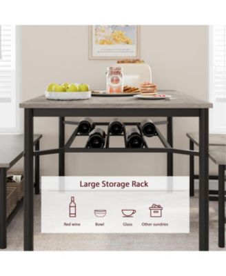 Dining Table Set for 4 Kitchen Table With Bench & 2 Chairs 4-Piece Dining Table Set w/ Storage Wine Rack Rectangular Dining Furniture Set With Chairs and Bench for Small Space, Apartment