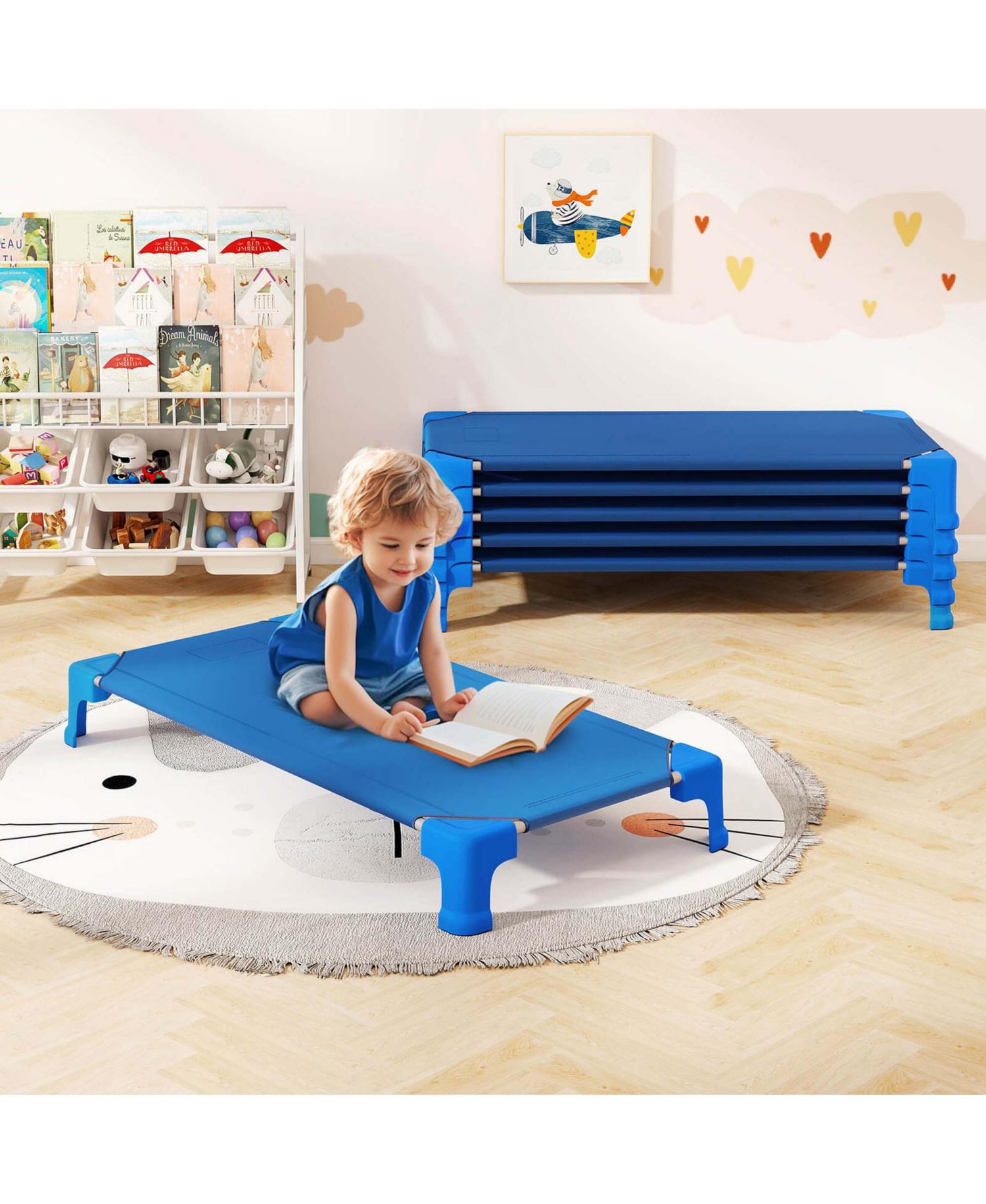 6 Pack Stackable Daycare Cots with Easy Lift Corners Heavy-Duty Metal