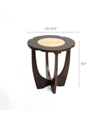 16.9" Round Dark Pine Wood Side Table with Petal Design – End Table