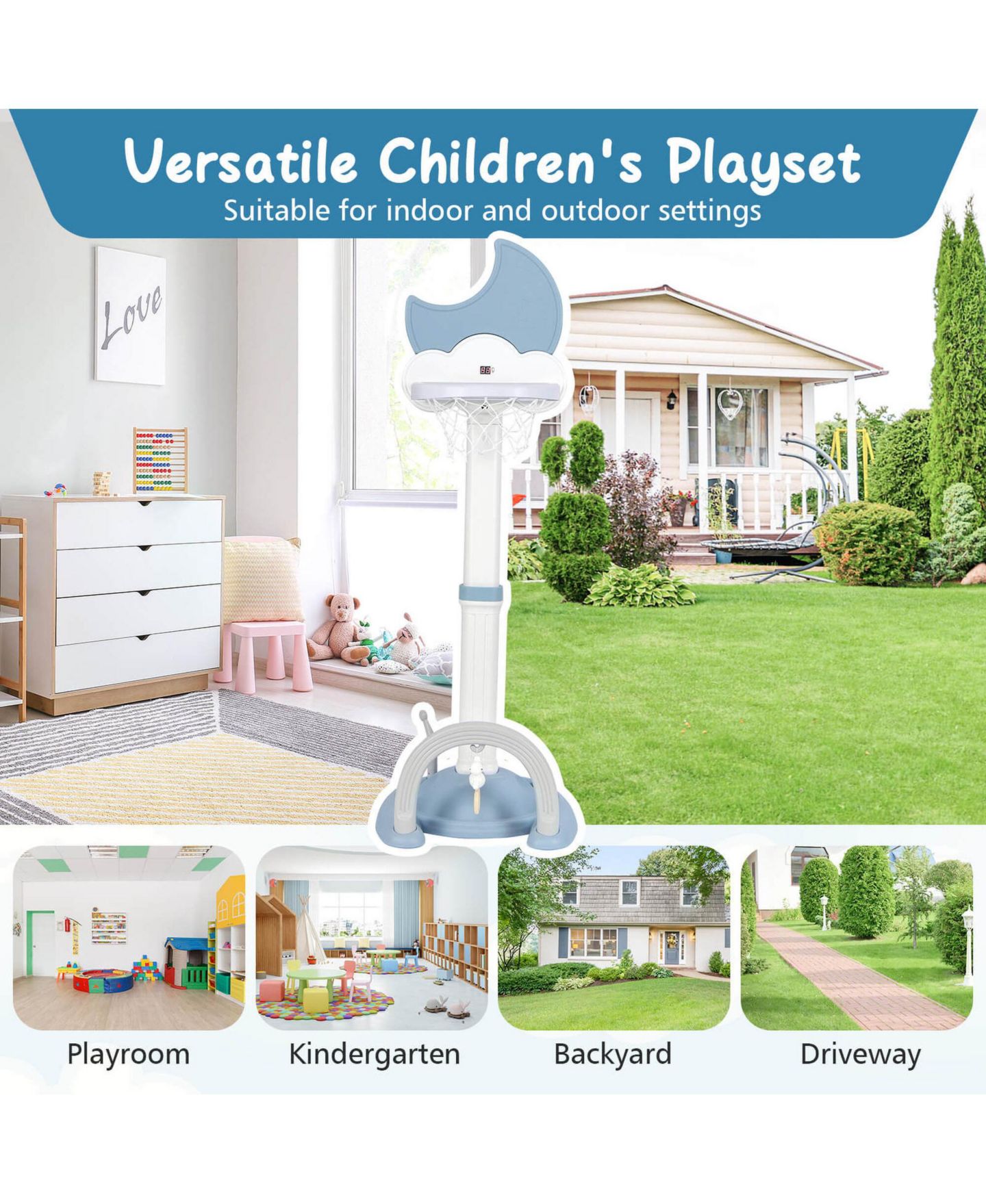 Детские игрушки Costway 4-in-1 Toddlers Basketball Hoop with Soccer Golf and Ring Toss Game, цвет: Синий — фото 7