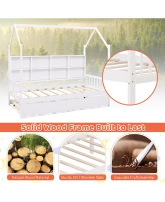 Twin Size Kids Montessori Daybed with Roof Design and Built-in Shelf Compartments