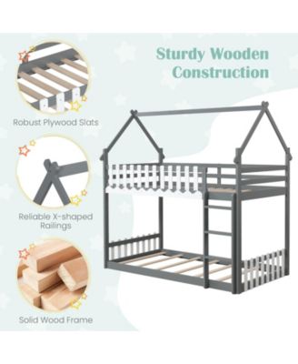 Twin Over Twin Bunk Bed with Fence and Ladder for Kids