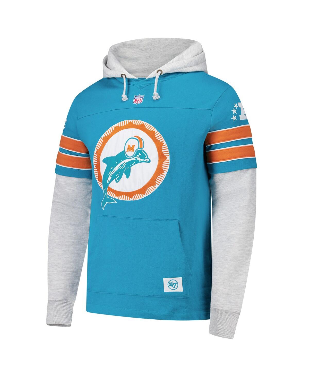 Shop 47 Brand '47 Men's Aqua Miami Dolphins Throwback Double Header Blitz Cornerback Pullover Hoodie