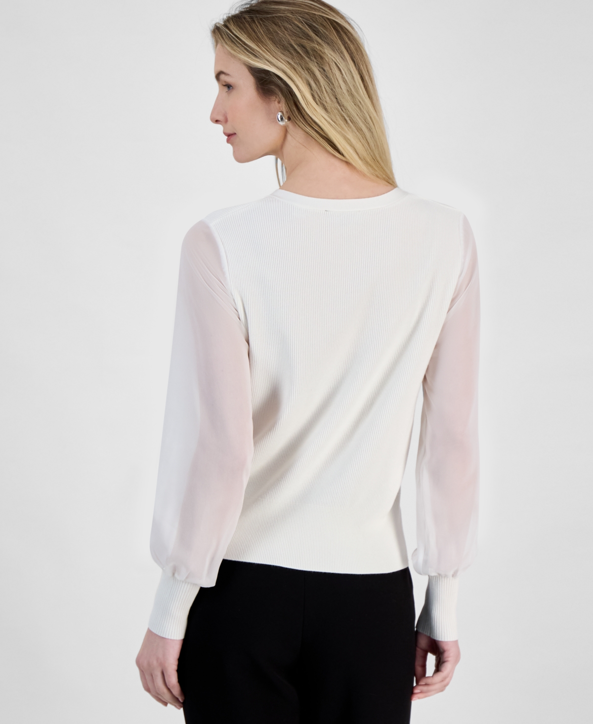 T Tahari Blouson Sleeve Rib Cardigan In White