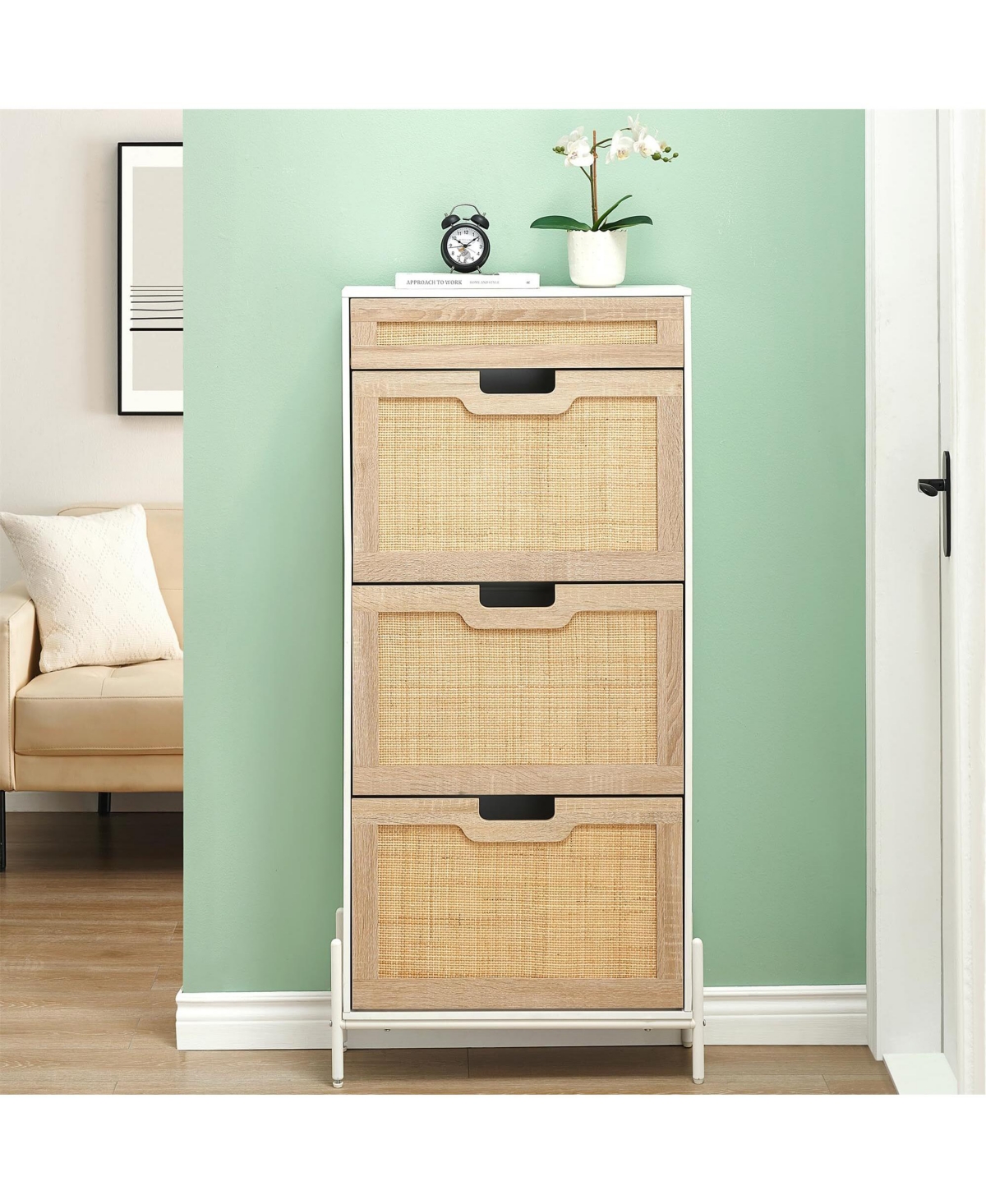 Rattan Shoe Storage Cabinet - Shoe Organizer Rack 3 Flip Doors and 1 Drawer Shoe Storage Organizer with Adjustable Shelves Shoe Cabinet for Ent