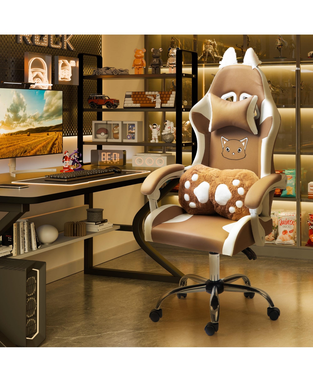 Dyhome Cute Gaming Chair with Cat Paw Lumbar Cushion and Cat Ears, Ergonomic Computer Chair,Reclining Pc Game Chair for Girl - Brown