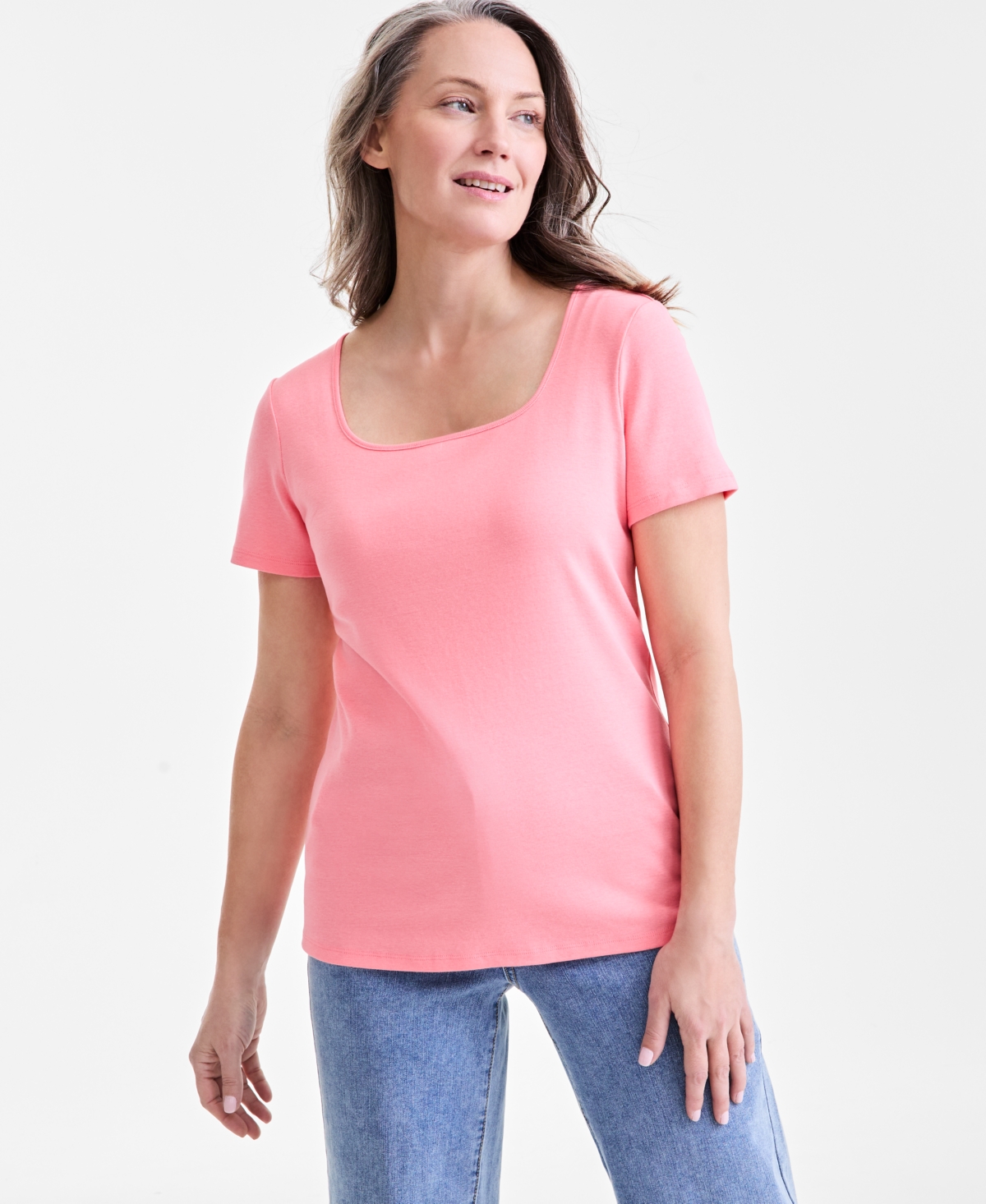 Petite Cotton Square-Neck Short-Sleeve T-Shirt, Exclusively at Macy's - Salmon Rose