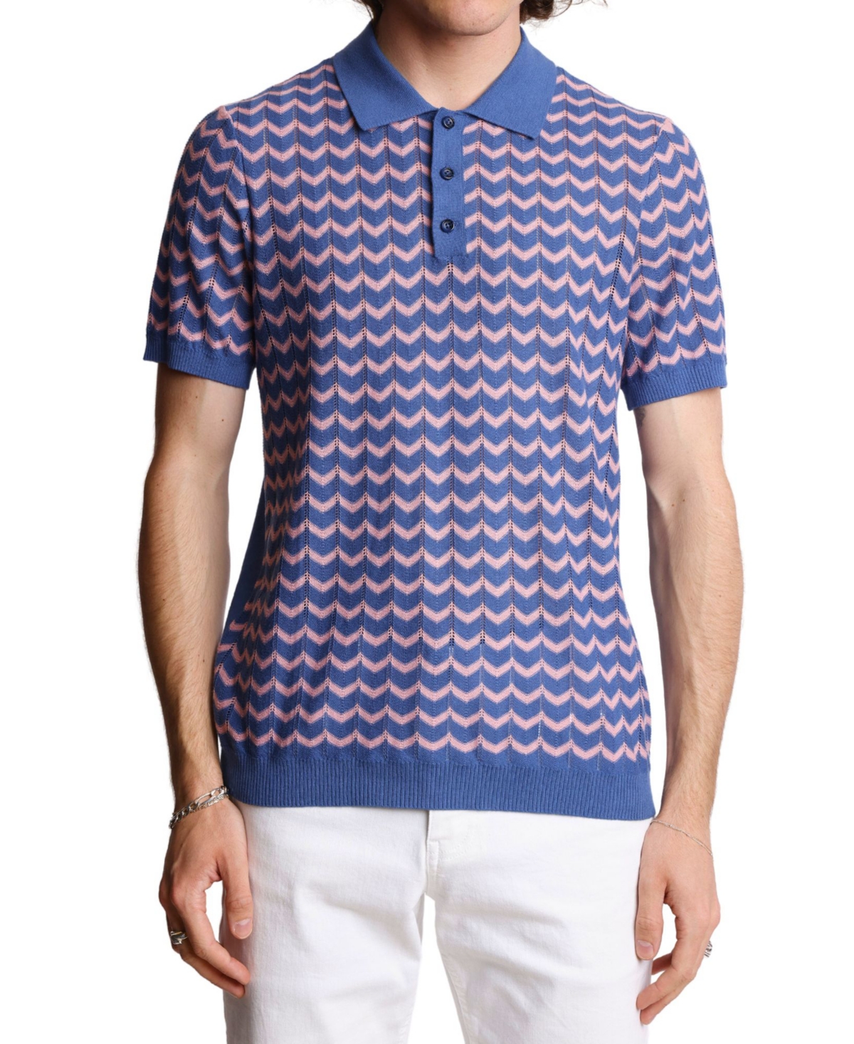 Men's Chevron-Pattern Polo Shirt - Blue  Pink Zig Zag