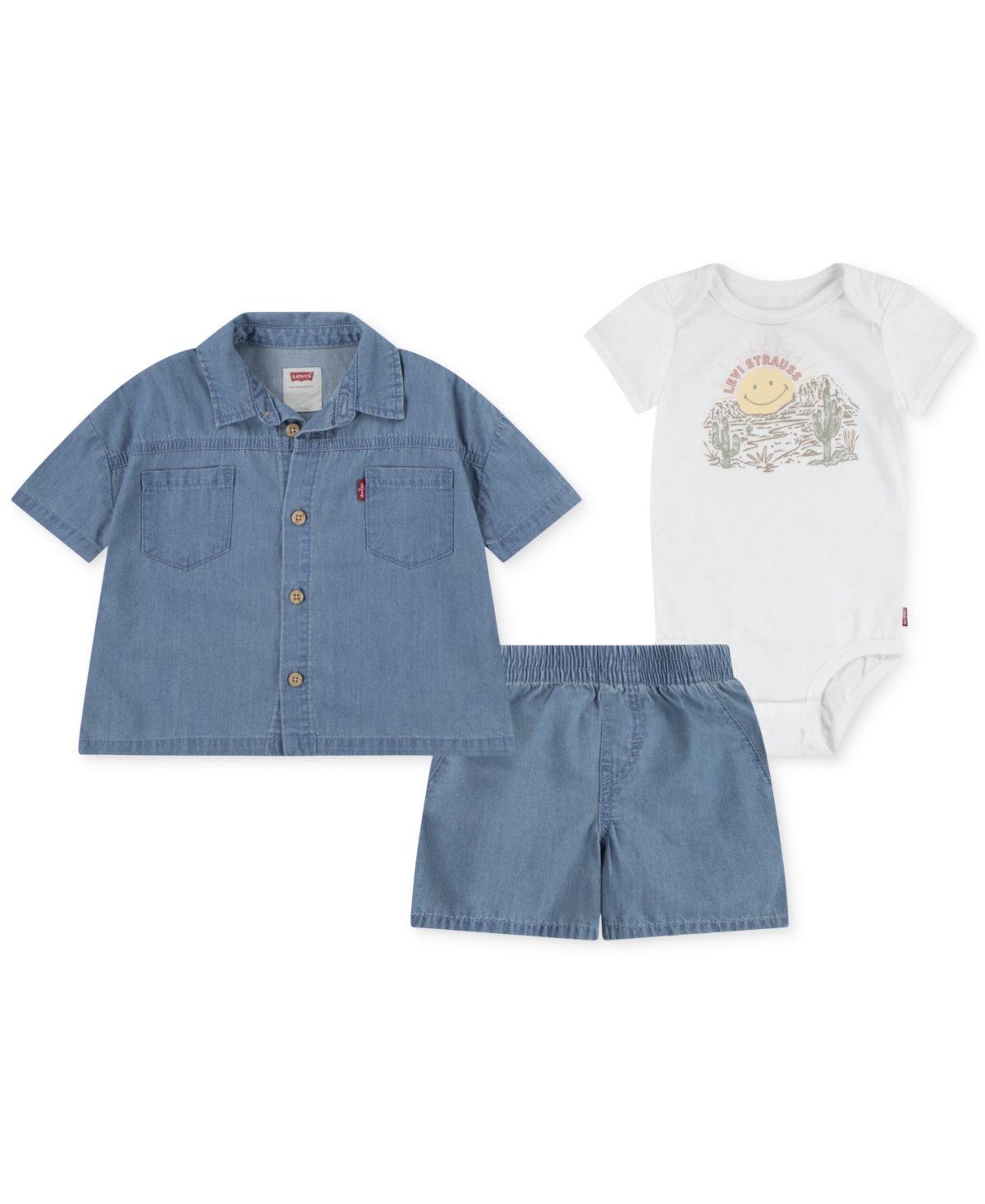Levi's Baby Boys 3-pc. Denim Button-up Shirt, Bodysuit, & Shorts Set In Blue