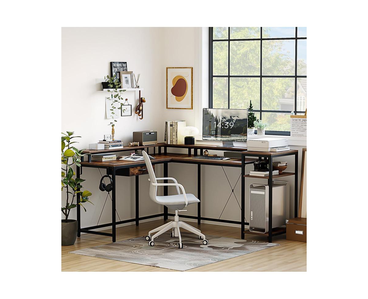 gaomon L Shaped Desk with Drawers and Led Lights, 55 Inch Computer Desk with Shelves & Monitor Stand