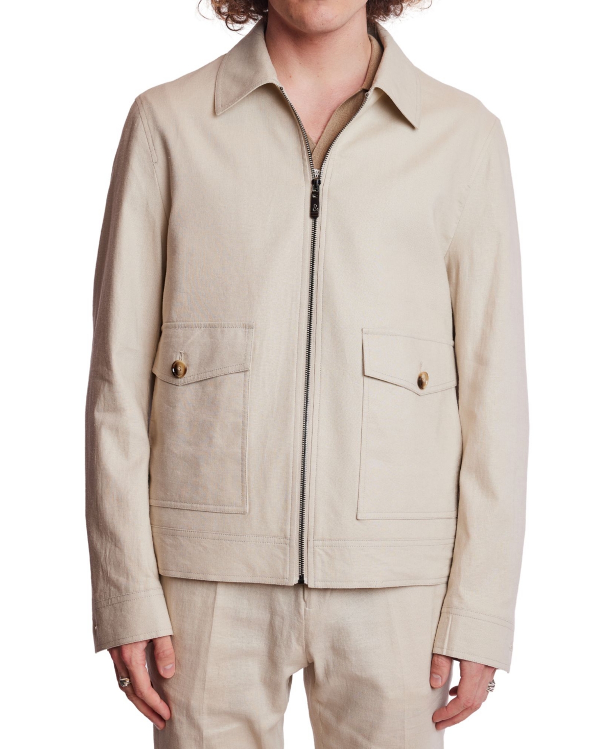 Men's Zip-Front Bomber Jacket - Tan Linen