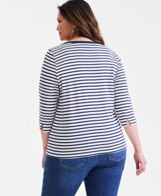 Plus Size Stripe Pima Cotton 3/4-Sleeve Top
