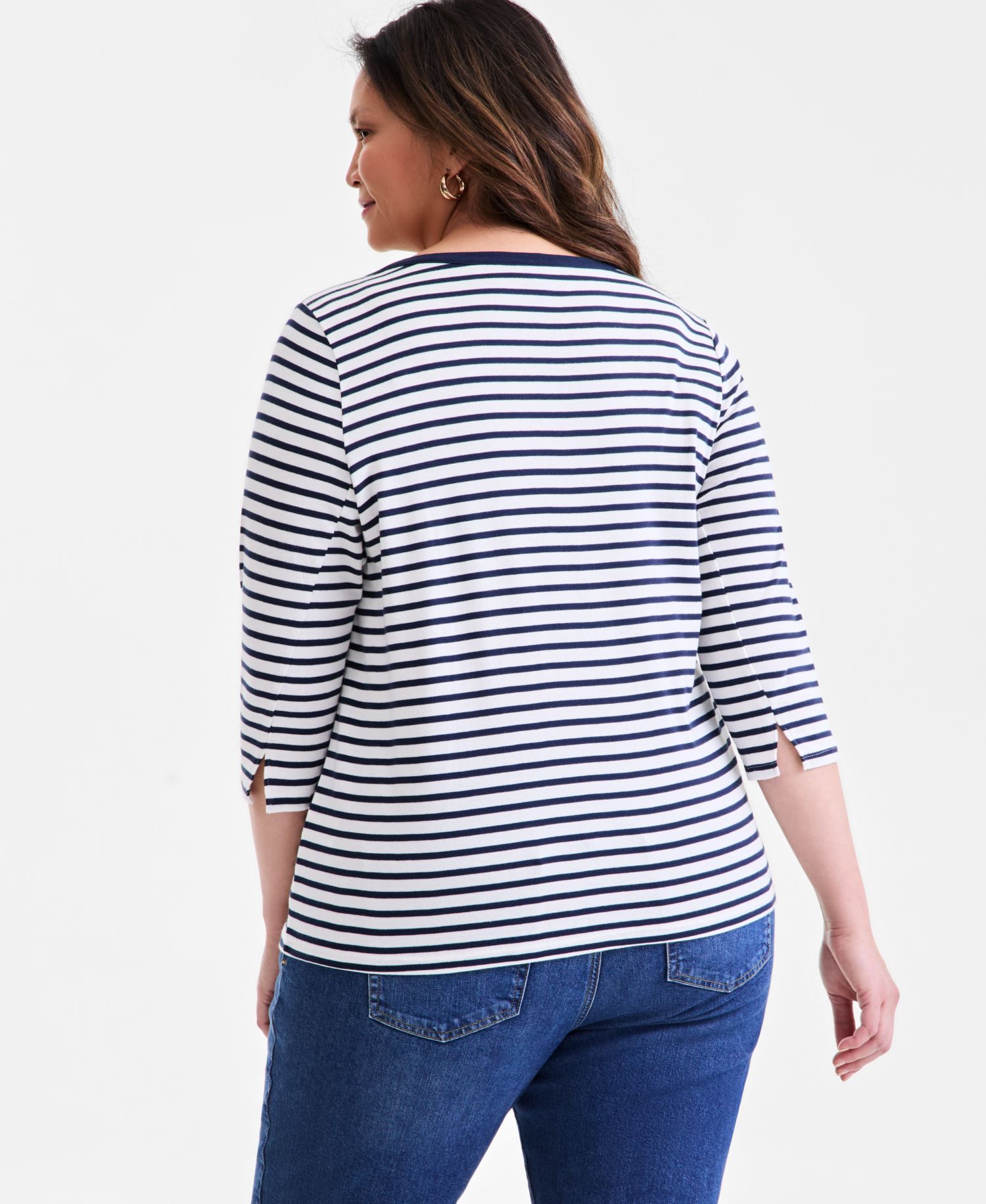 Plus Size Stripe 3/4 Sleeve Boat-Neck Top