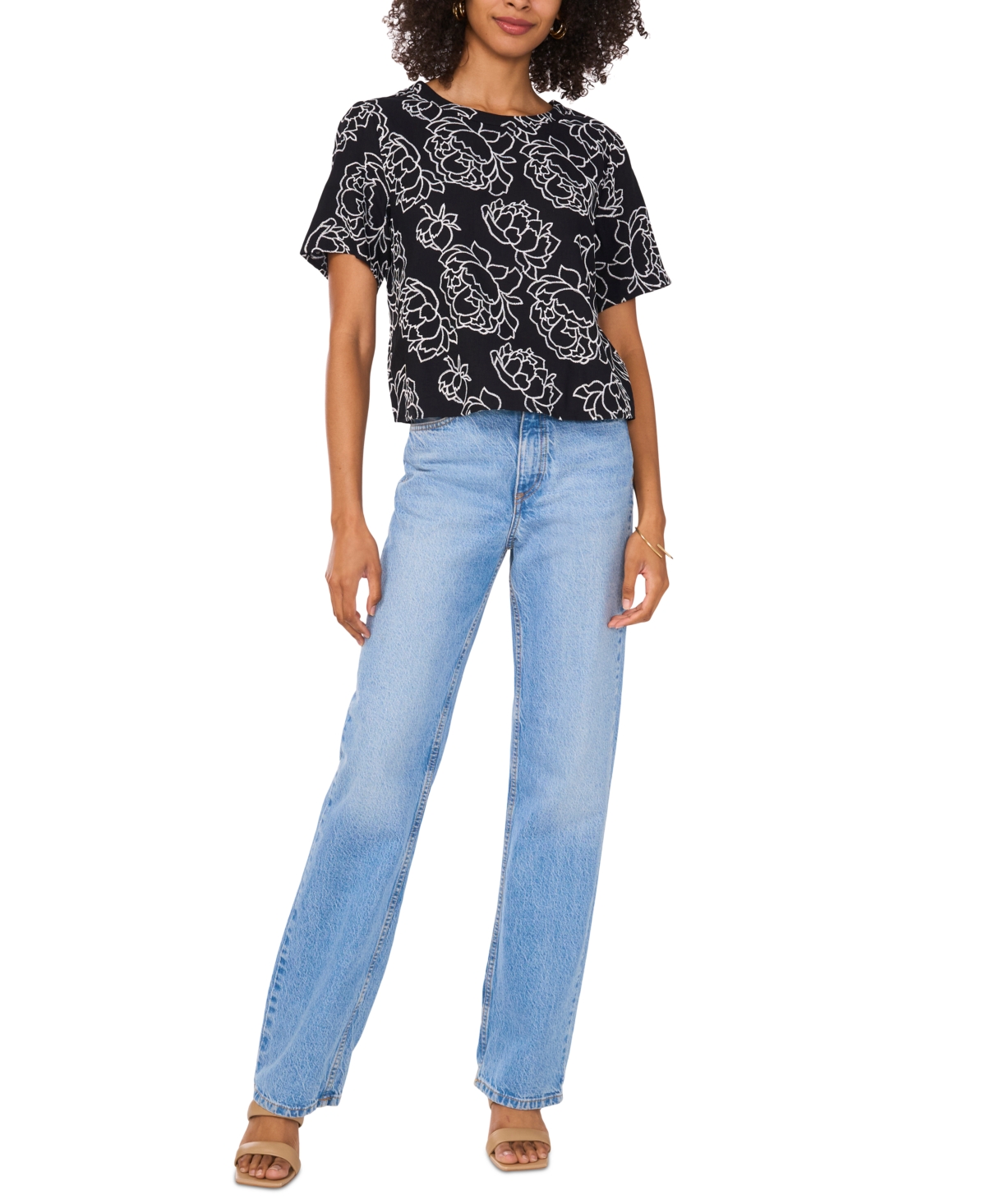 VINCE CAMUTO WOMEN'S EMBROIDERED FLORAL PRINTED SHORT-SLEEVE TOP 
