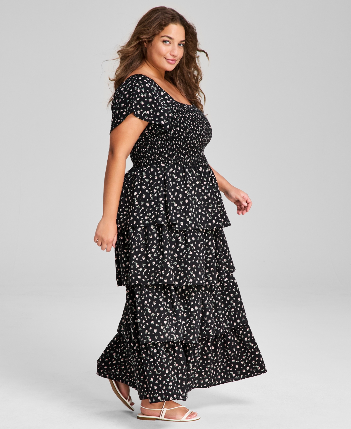 And Now This Trendy Plus Size Tiered Floral Maxi Dress, Exclusively At Macy's In Black Peach Floral