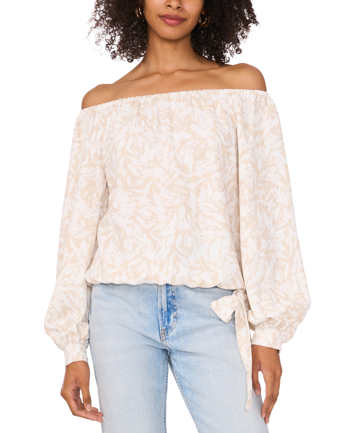 Shop Vince Camuto Women's Printed Off-the-shoulder Long-sleeve Tie-front Blouse In Natural Sand