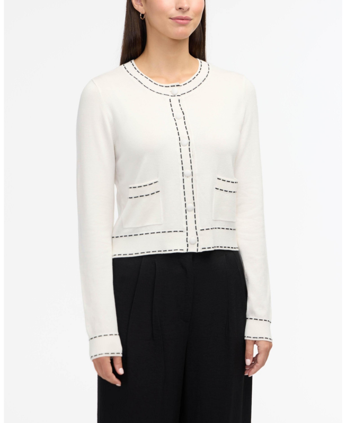 Women s Knit Cardigan with Contrast Stitch Detail - Marshmallow