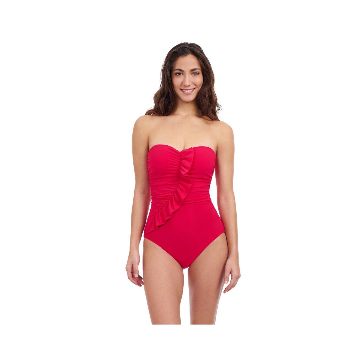 Women's Tutti Frutti Ruffle Bandeau One Piece Soft Cups Tummy Control Adjustable Removeable Straps - Rose red