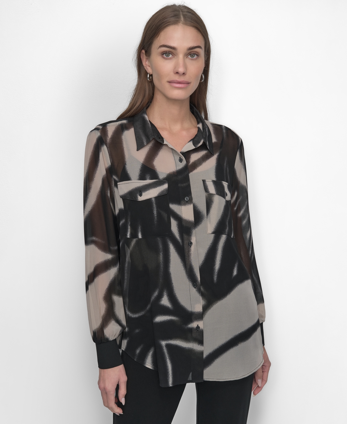 Dkny Women's Button-front Printed Chiffon Blouse In Flrl Grf Blk