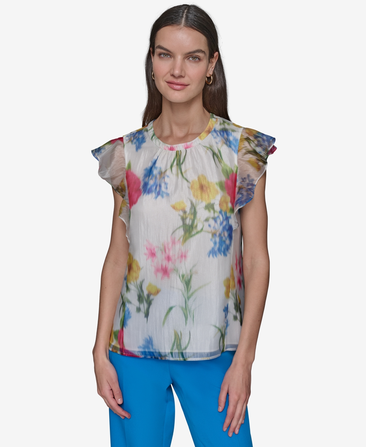 KARL LAGERFELD WOMEN'S FLORAL-PRINT FLUTTER-SLEEVE BLOUSE 