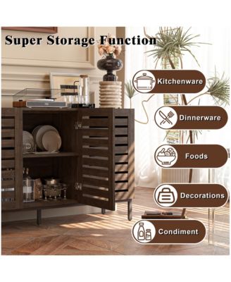 Farmhouse Sideboard Buffet Storage Cabinet with Strip Skeleton Door and Adjustable shelves, for living room dining room kitchen