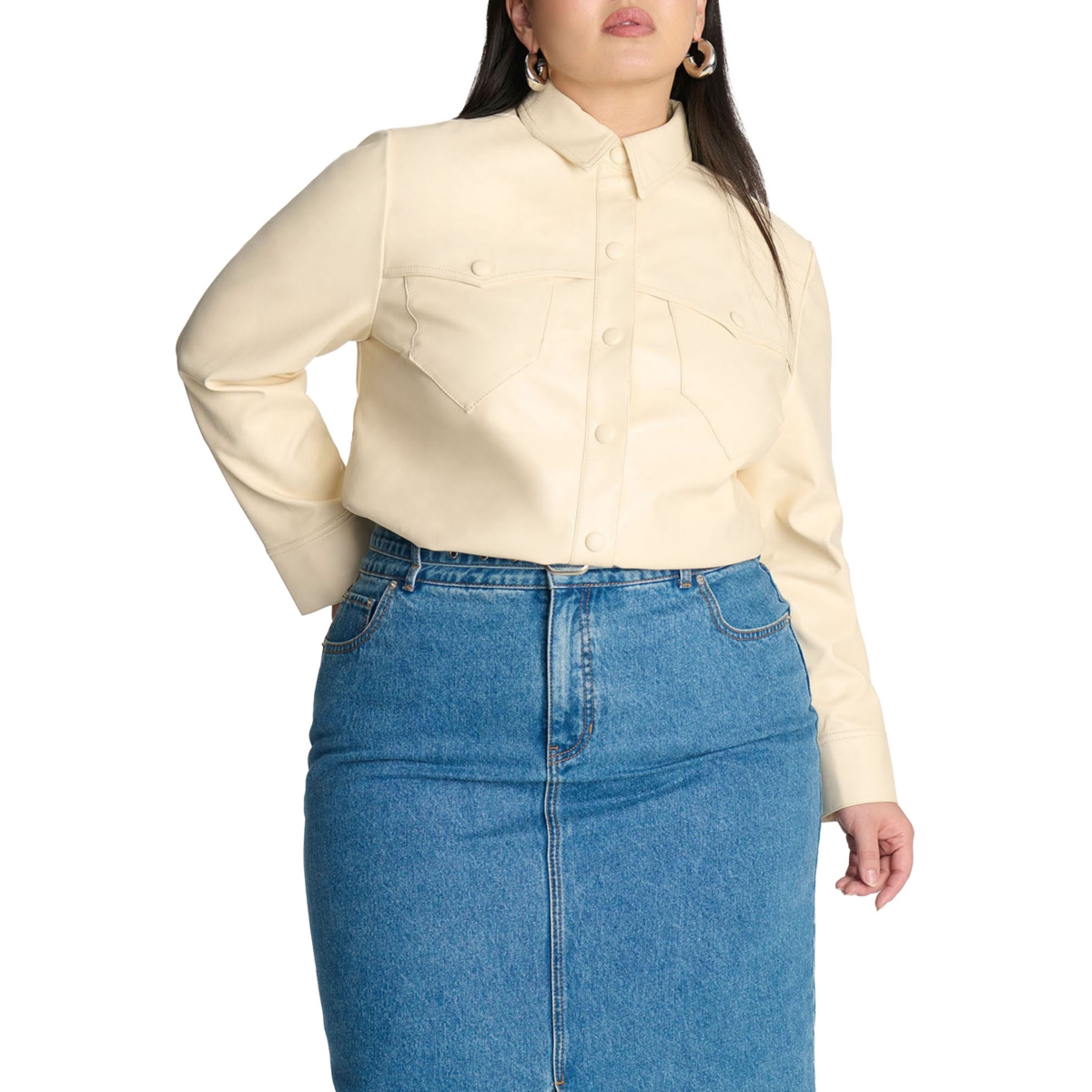 Women's Plus Size Faux Leather Shacket - Ecru