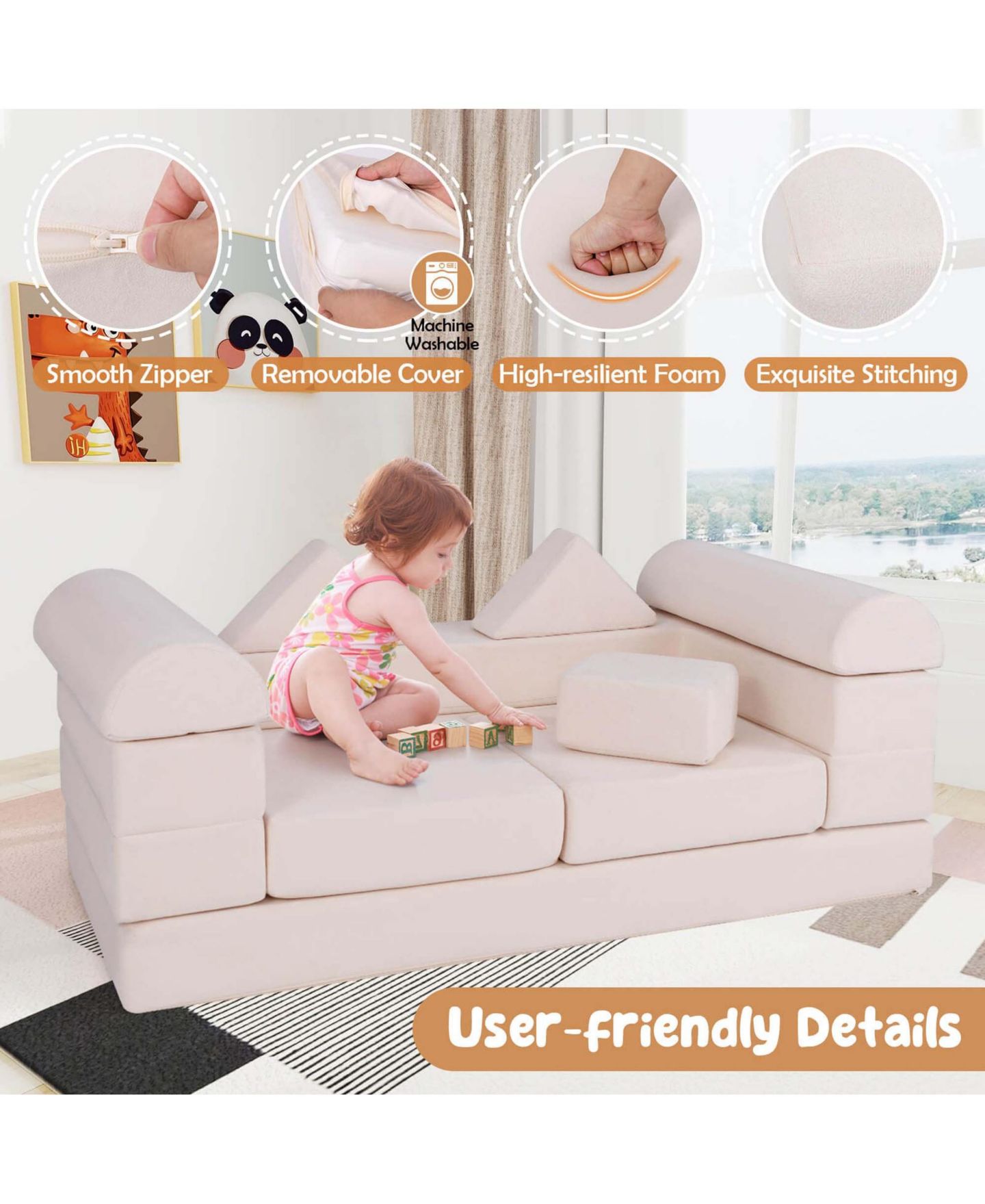 Детский конструктор Costway Kids Modular Play Couch 9-Piece Building Set, Ages 3+, цвет: Бежевый — фото 10