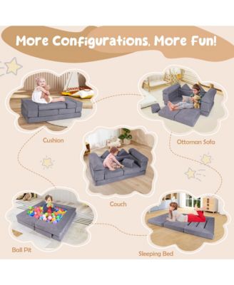 Kids Modular Play Couch Play Set with Suede Fabric Cover High-Density Foam