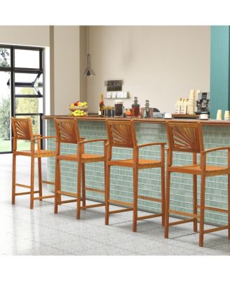 Set of 4 Outdoor Acacia Wood Bar Stools Bar Height Patio Chairs w/ Backrests