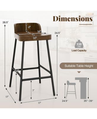 24.5''Bar Stool Set of 2 Armless Bar Chair w/ Backrest Footrest & Metal Frame Cafe