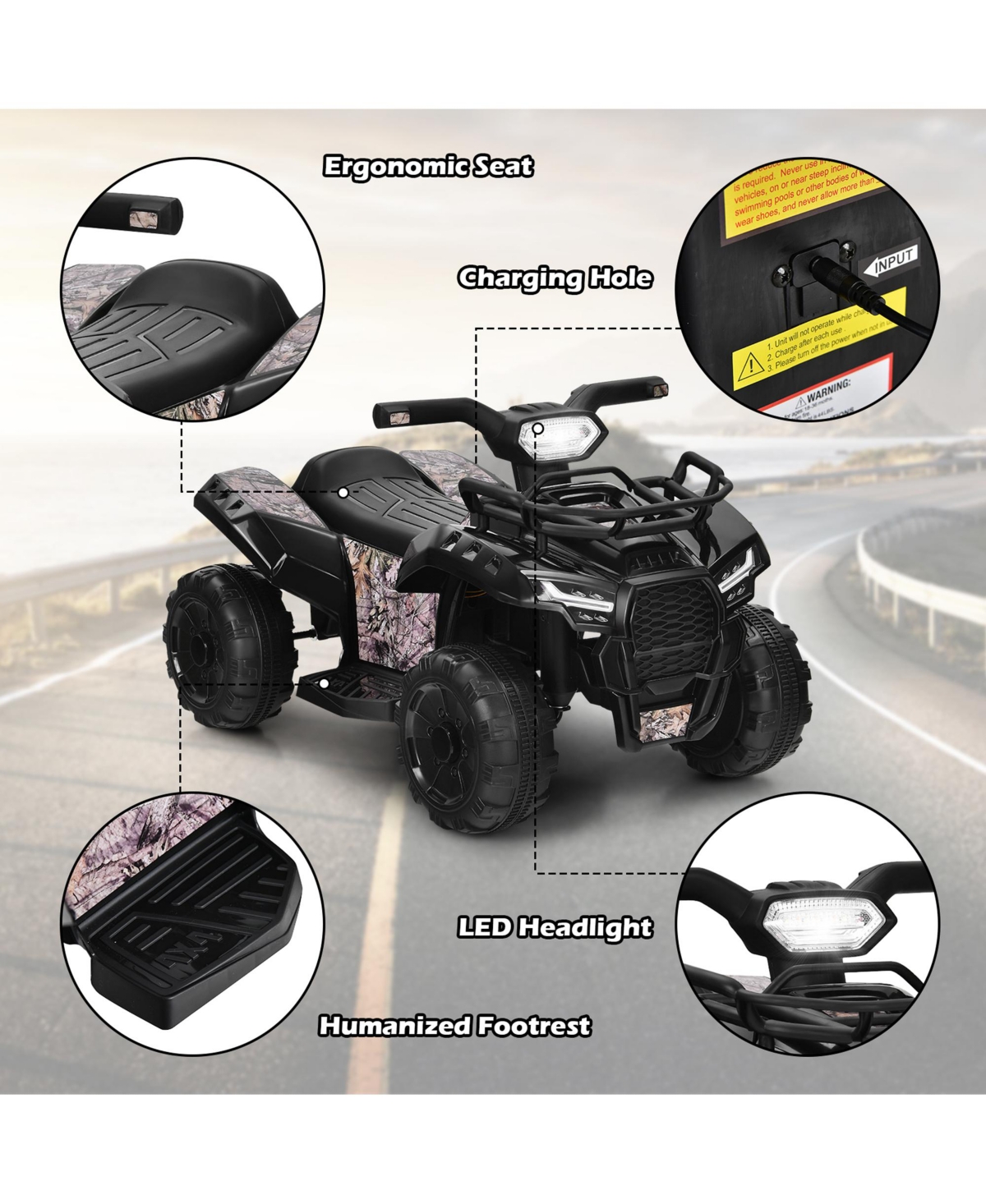 Gymax 6V 4 Wheels Atv Quad Ride On Car Kids Ride-On Toy w/ Music Horn Led Light Pink