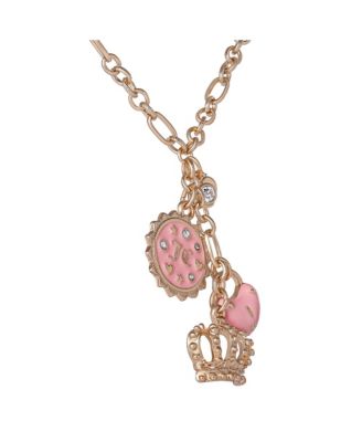 Gold-Tone Layered Charm Necklace with Pink Enamel Accents