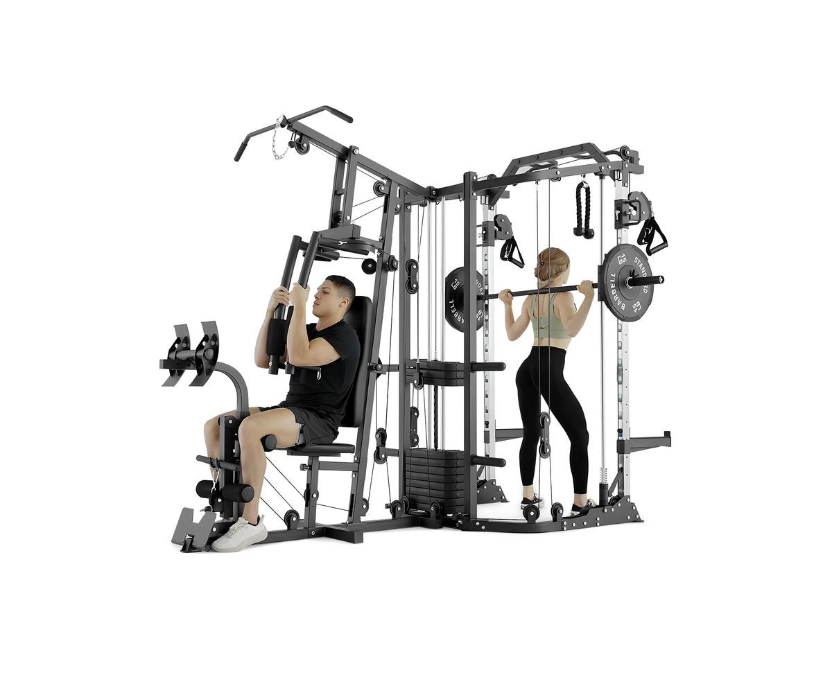 Smith Machine Power Cage, Multi-Function Home Gym System with Cable Crossover System, Dual-Sided Workout Station with 121LBS Weight Stack, Pow