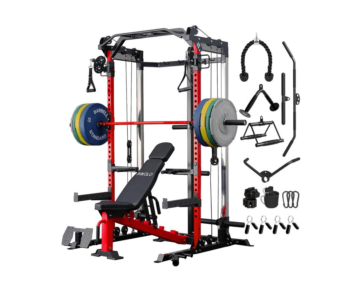 Power Cage, 2000LB Squat Rack, Dual Pulley Cable Crossover System, Multi-function Free Weight Home Gym Workout Machine with Attachments - Dark