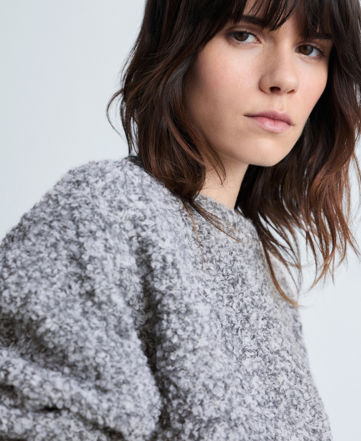 Shop Mango Women's Round Neck Boucle Sweater In Medium Heather Gray