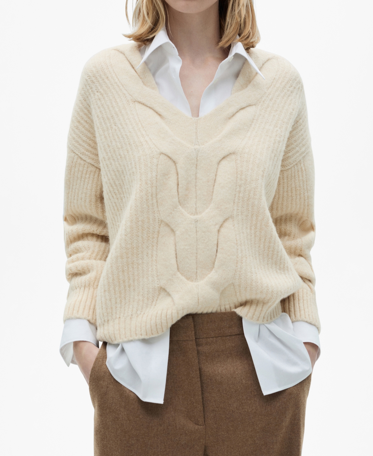 Women's V-Neck Braided Sweater - Ecru