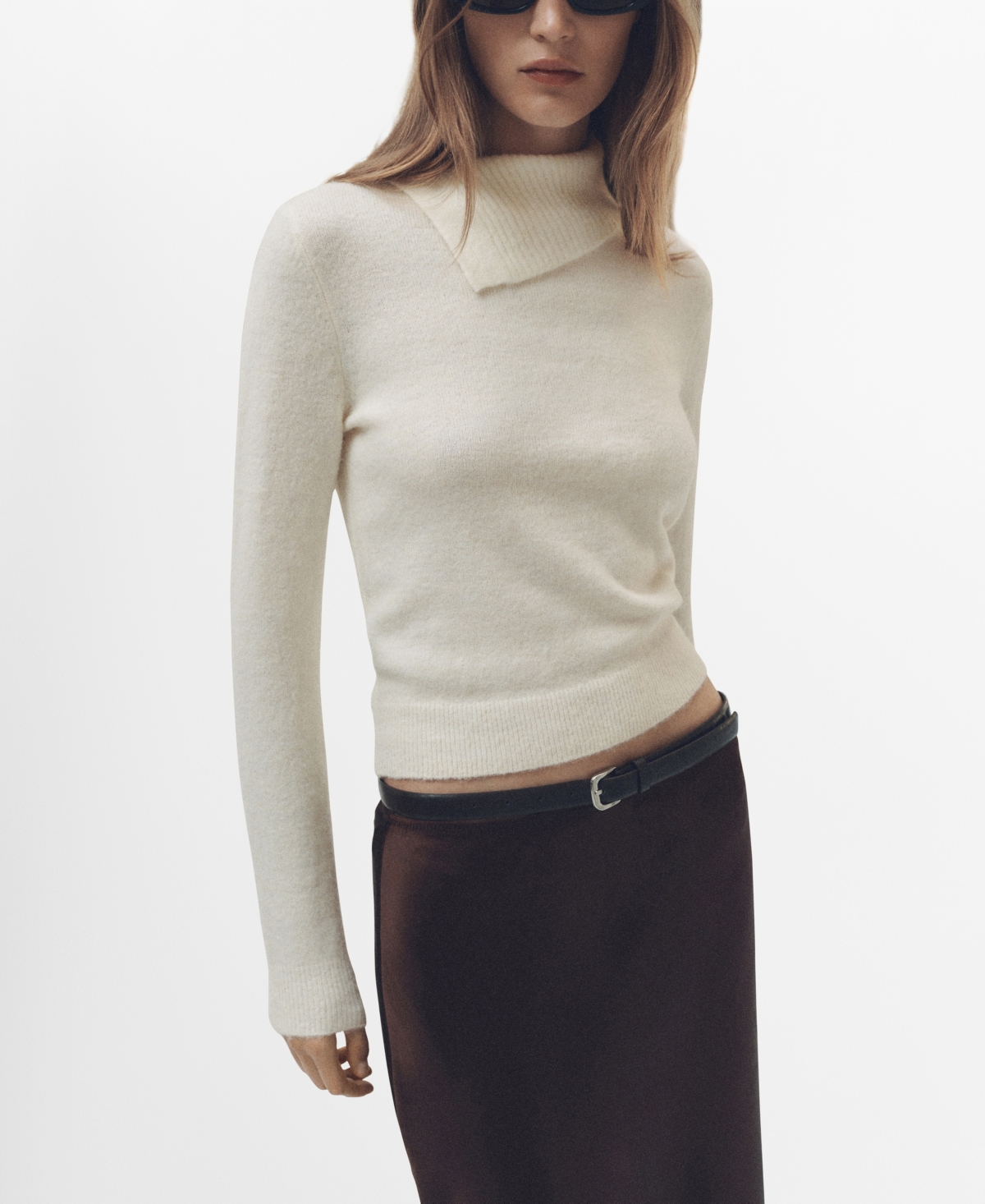 Mango Sweater With Wraparound Lapel Neck Ecru In Ecru
