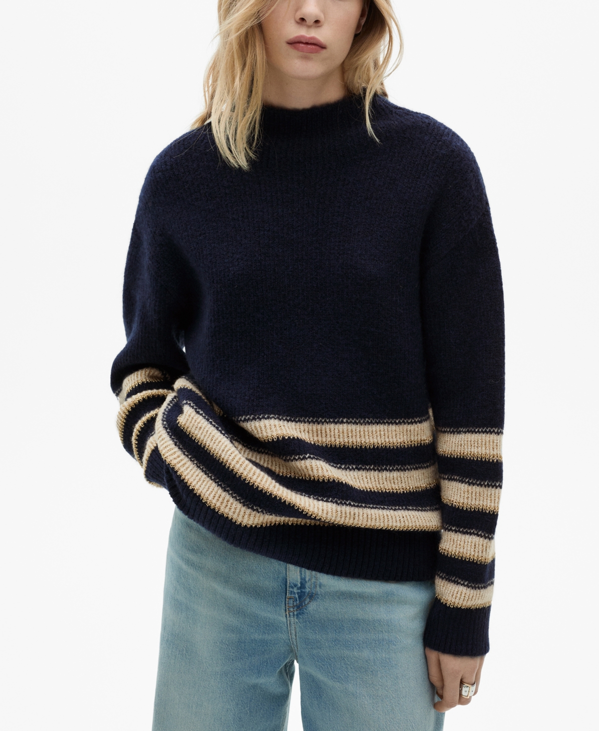 Mango Perkins-neck Striped Sweater Dark Navy In Dark Navy