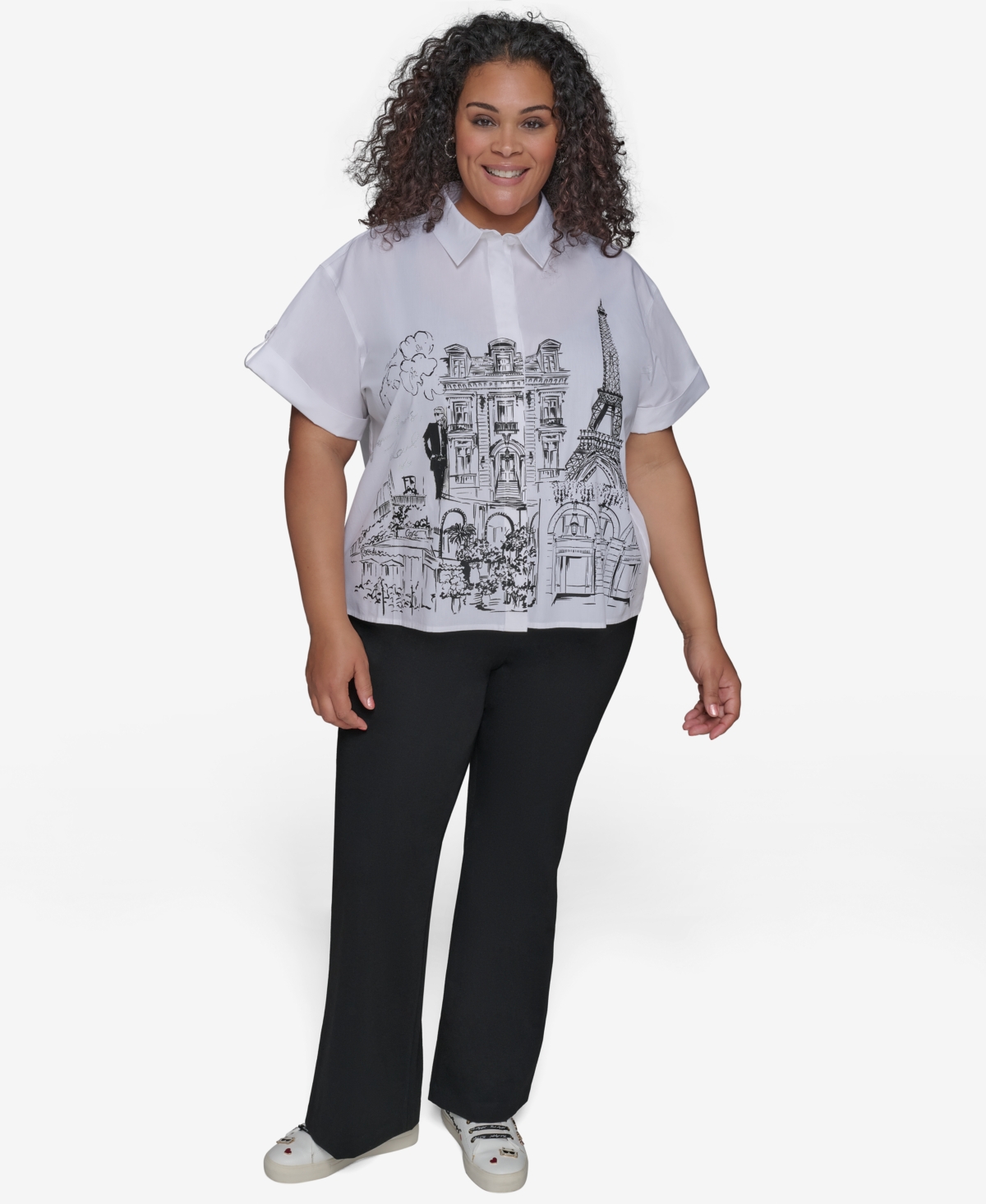 Karl Lagerfeld Plus Size City Scene Poplin Short Sleeve Shirt Crystal Cuffed Jeans In White