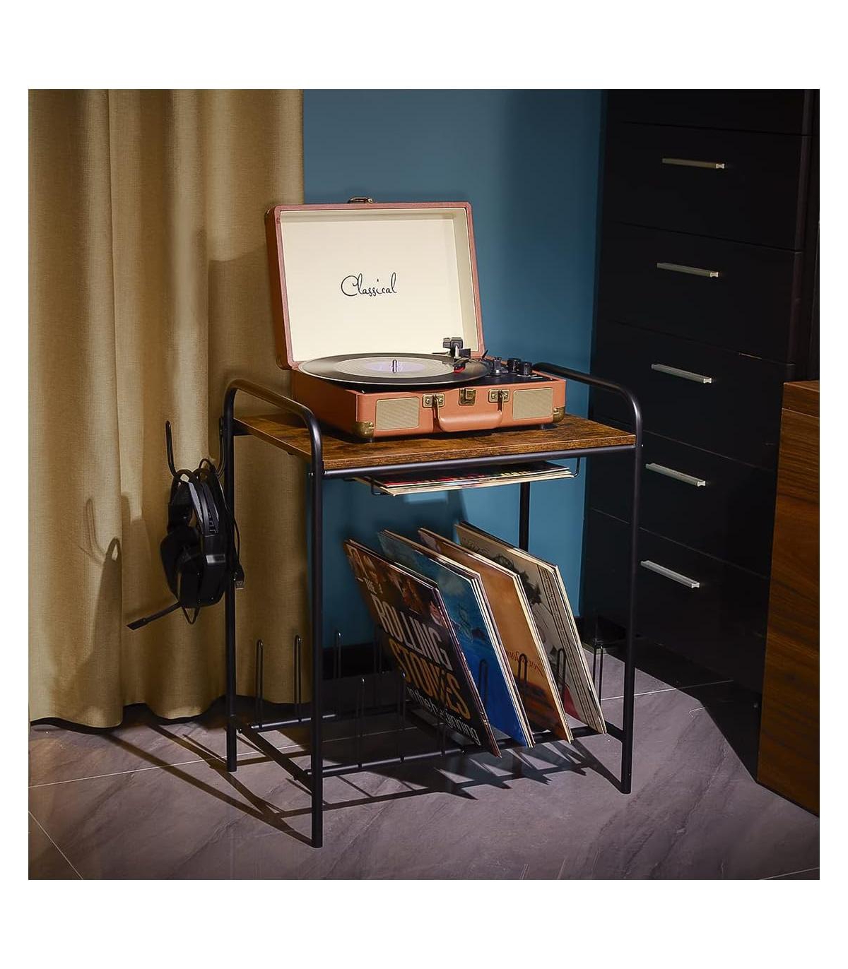 Slickblue Vintage Record Player Stand with Storage &#x2013; Industrial Retro Design for Stylish Organization - Black
